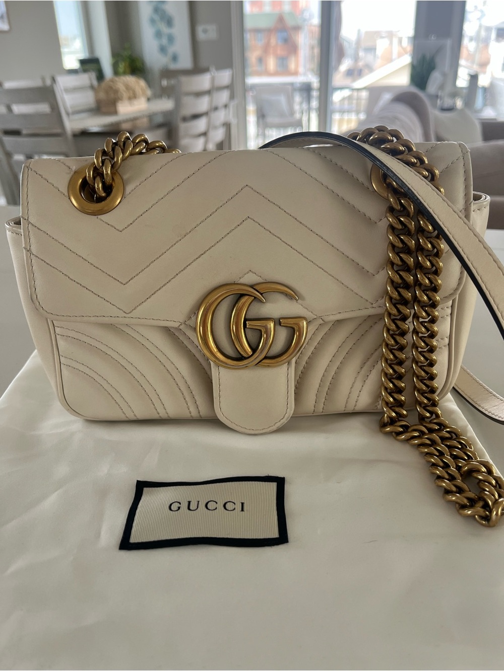 Gucci GG Marmont Ivory Chevron Leather Flap Shoulder Bag Gold Adjustable Chain
